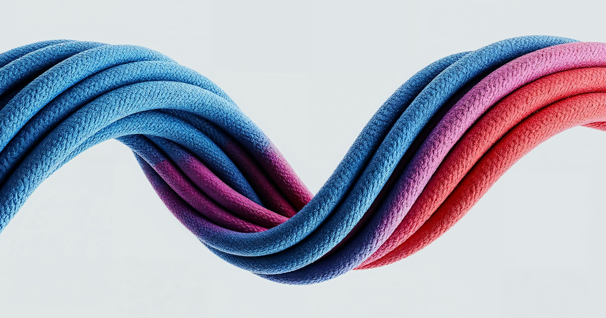 Three braided cables fading from blue to red on a white background.